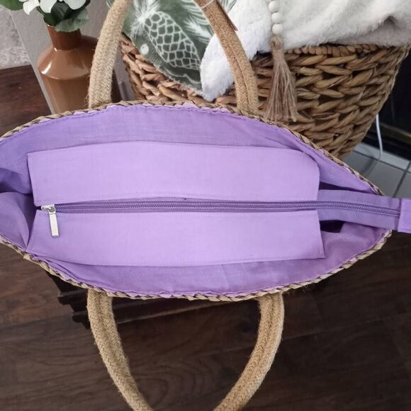 Woven Straw Tote Bag - Tan and Purple - Picture 5 of 5